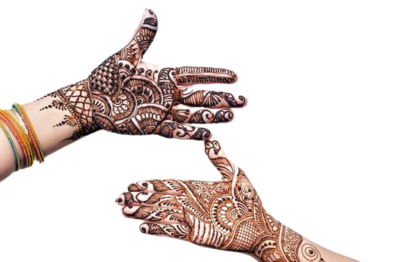 Two hands displaying mehndi designs.